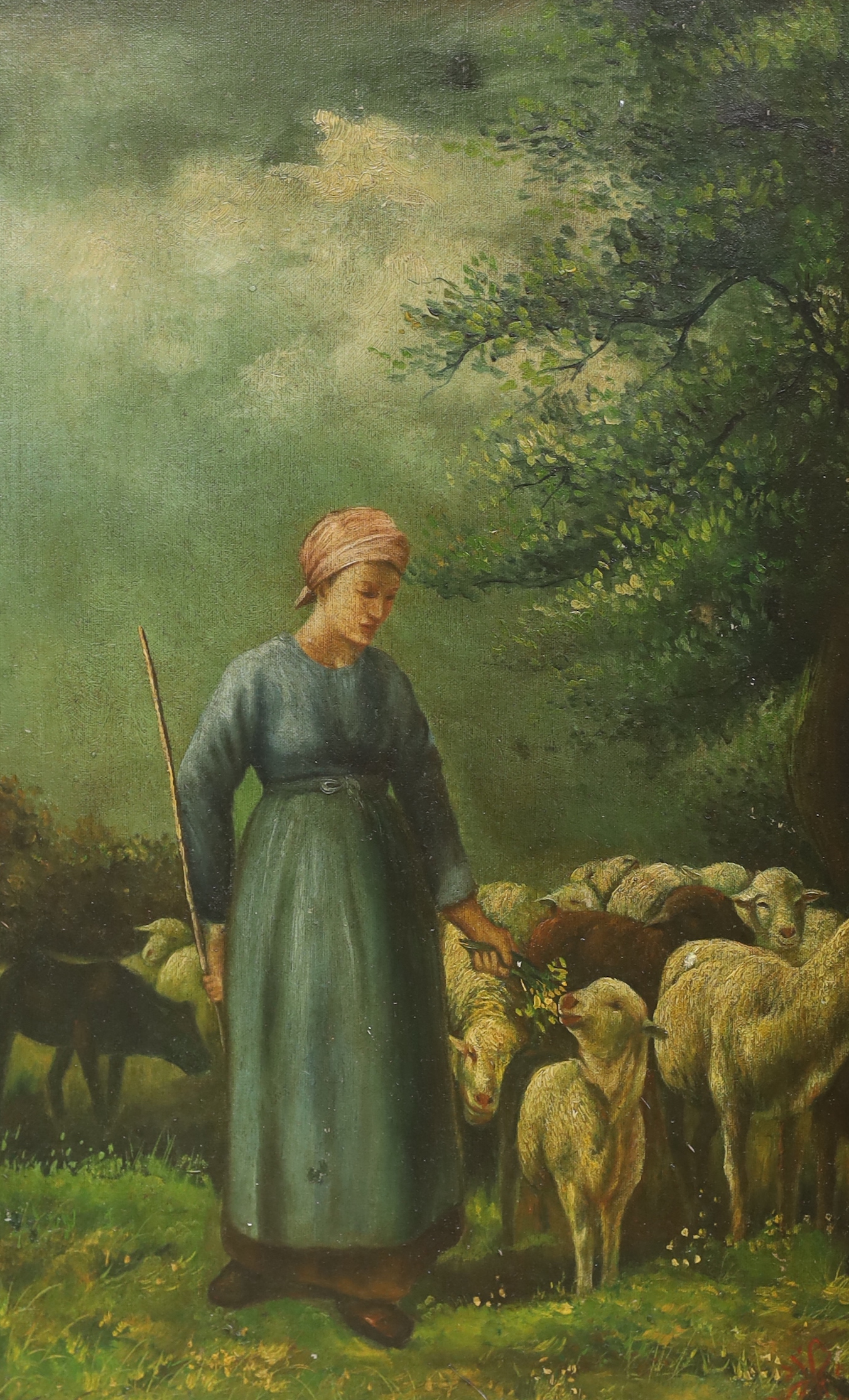 A Pre-raphaelite style oil on board, Shepherdess and sheep, 60 x 38cm, housed in a gilt and glass frame